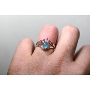 Aquamarine and Ruby engagement ring set size 3 4 5 6 7 8 9 10 11 12 13 anniversa